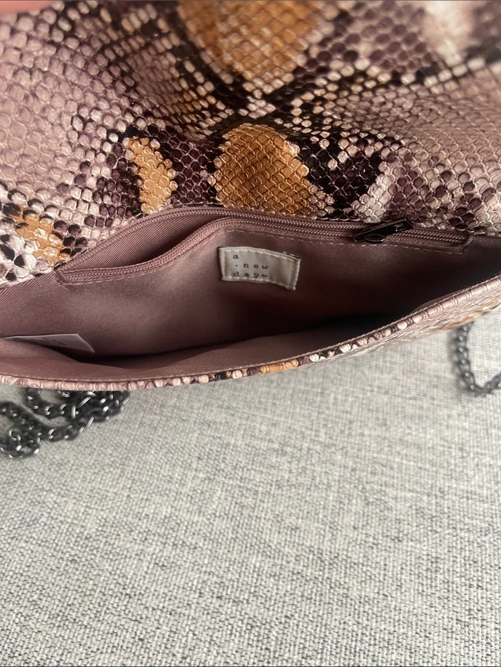 Snake-Print Envelope Crossbody Clutch in Taupe, Purple and Tan